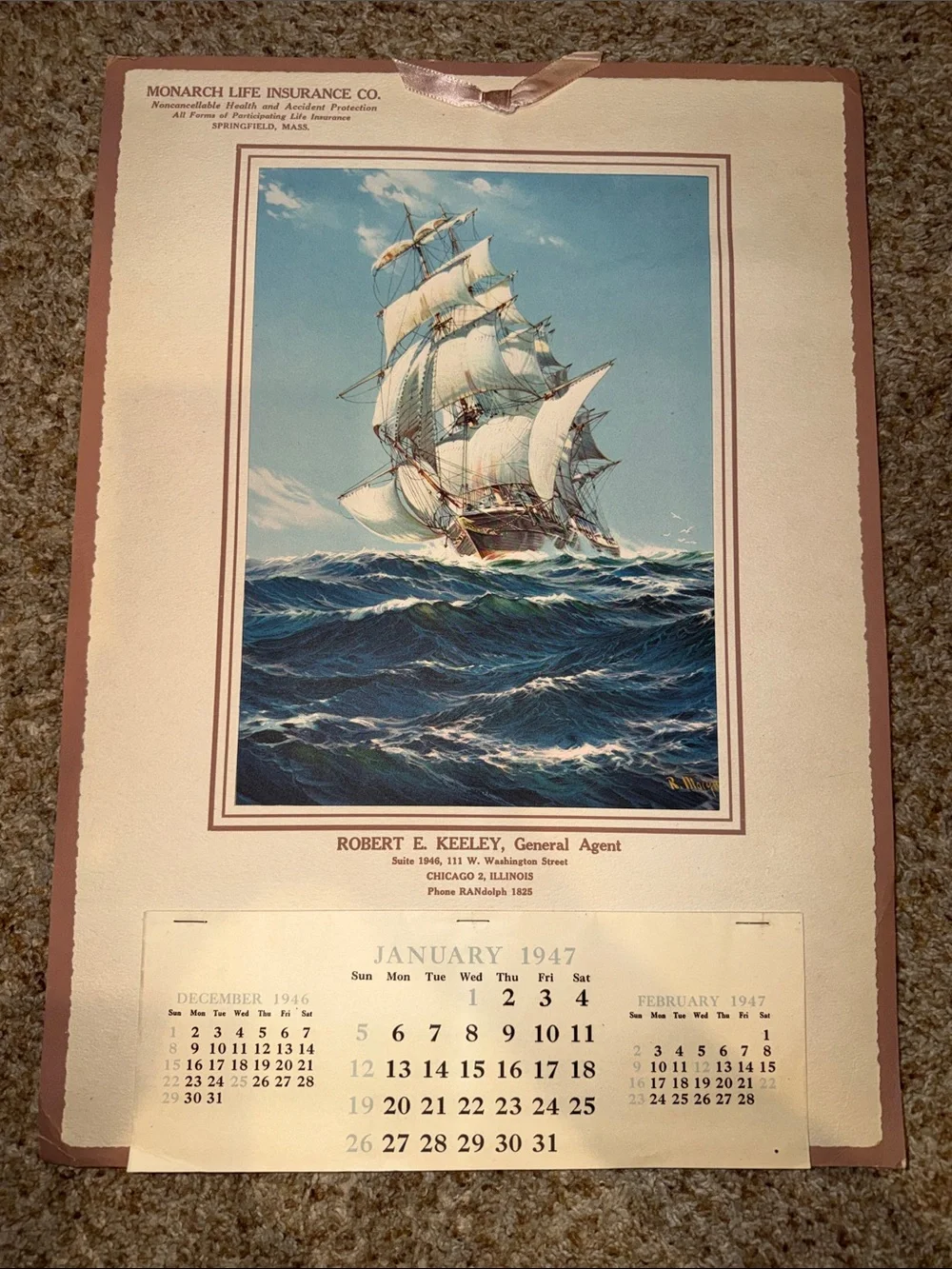 vintage 1947 advertising calendar for Monarch Life Insurance Company